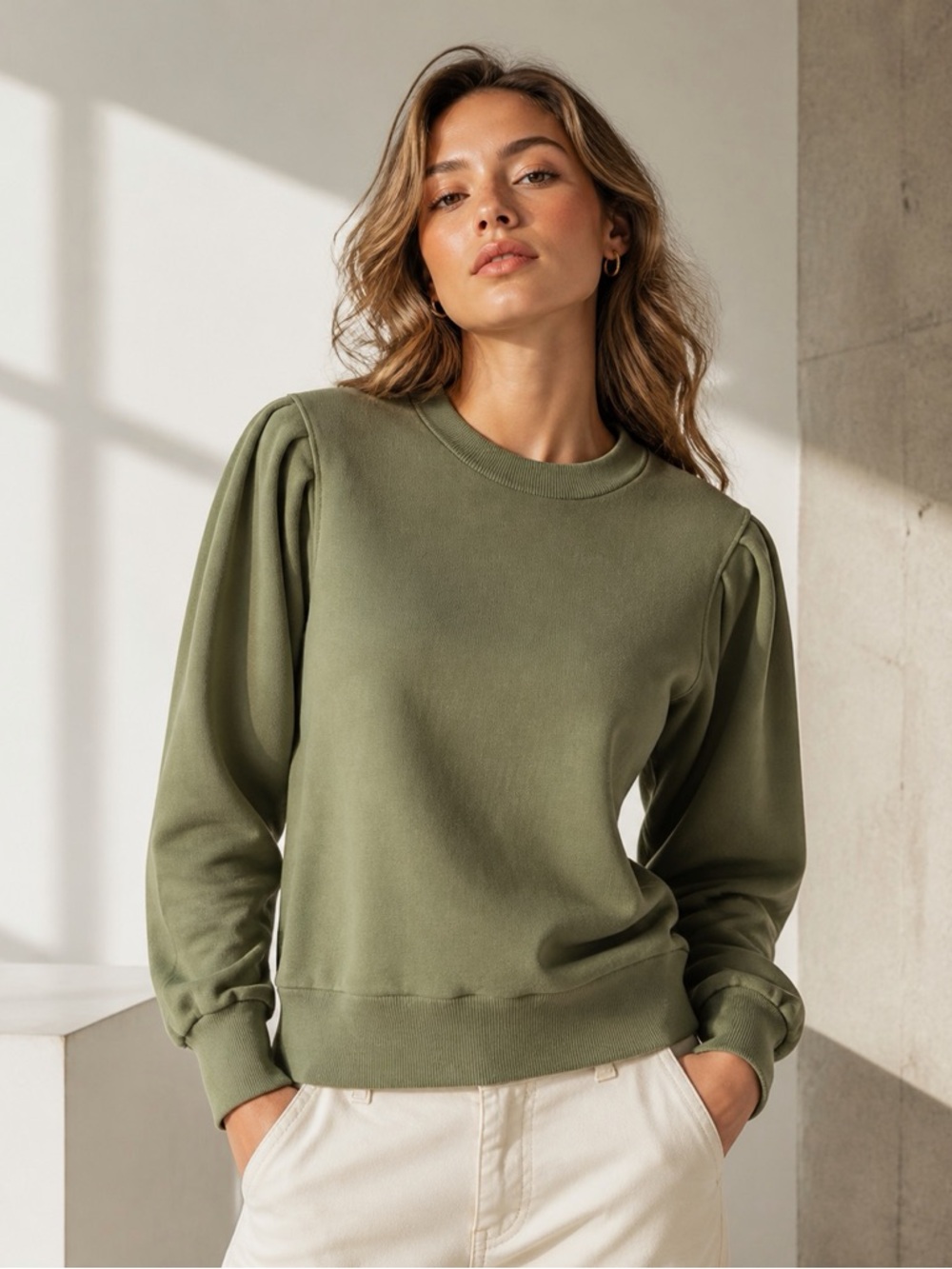 Mother Curveball Sweatshirt Puff Sleeve Avocado Green Model Off Duty Elevated S